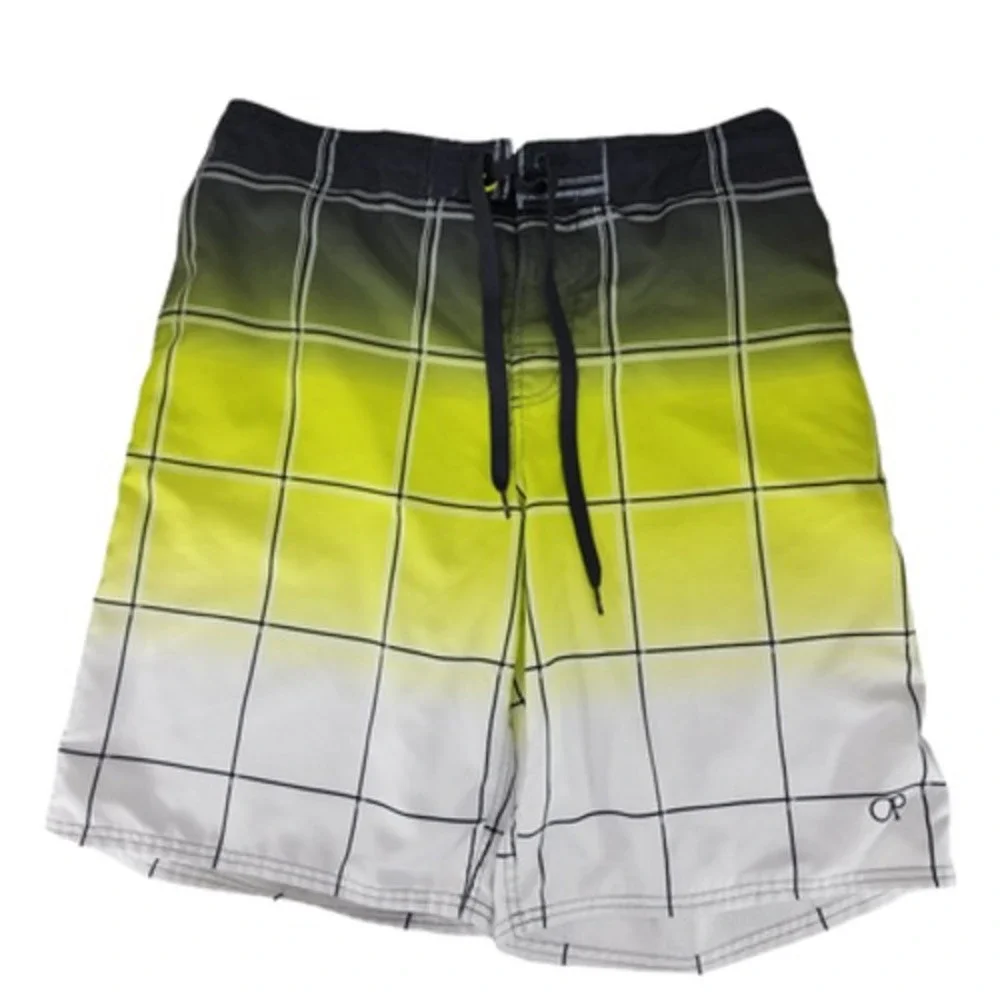 OP Ocean Pacific Board Short L 36-38 Men‎ Windowpane Plaid White Yellow Ombre